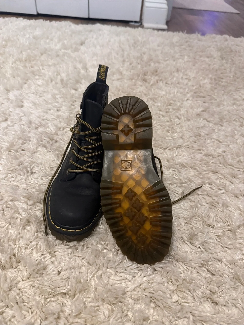 Dr. Martens Black Leather Lace-Up Boots with Yellow Stitching